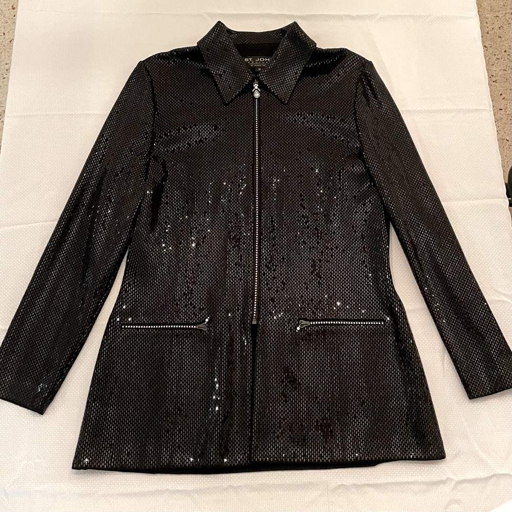 ST JOHN COUTURE Black Paillette Knit Swarovski Crystal Zip Jacket sz 12